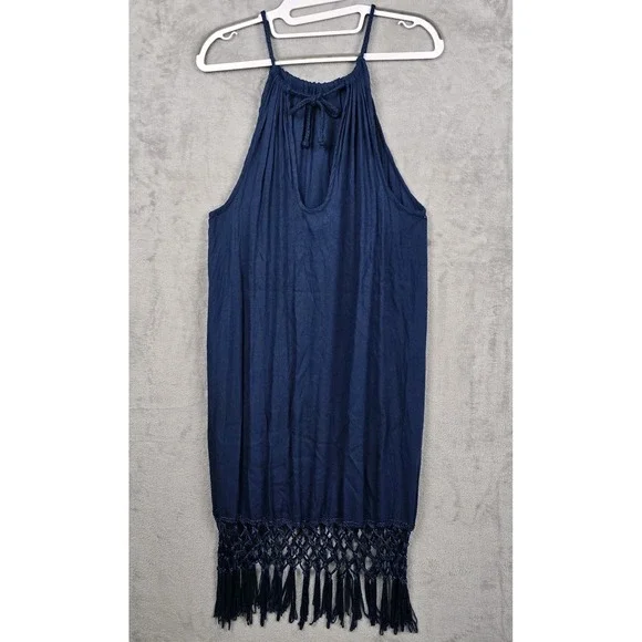 Mud Pie Women Navy Blue Halter Dress Macrame Fringe Hem Boho Summer Size M 8-10 - Picture 2 of 13